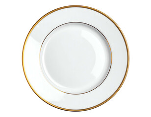 Elegant white plate with gold trim on black. Center empty, ready for food