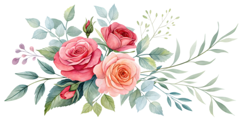 Rose floral arrangement watercolor illustration. Isolated flower PNG.