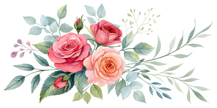 Rose floral arrangement watercolor illustration. Isolated flower PNG.