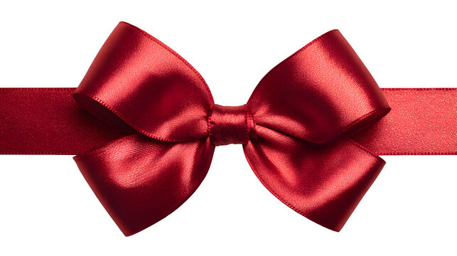 Close-up of red ribbon with large bow tied in center isolated on white background