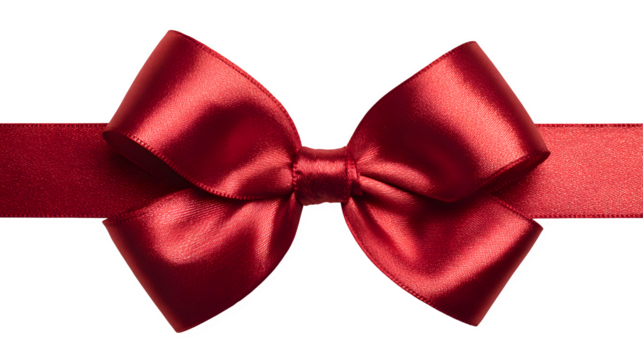 Close-up of red ribbon with large bow tied in center isolated on white background - Powered by Adobe