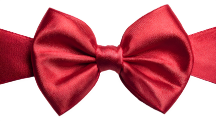 Close-up of red ribbon with large bow tied in center isolated on white background