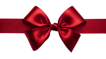Close-up of red ribbon with large bow tied in center isolated on white background