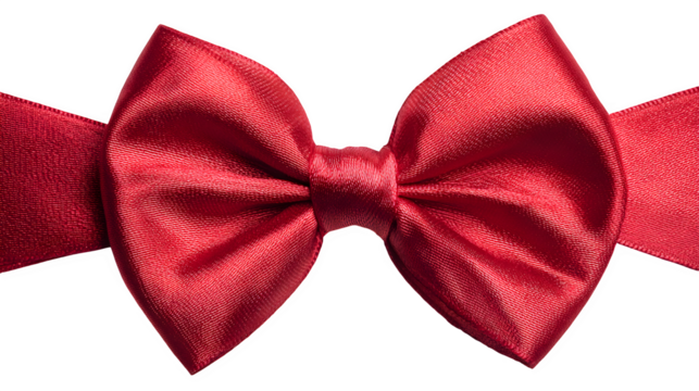 Close-up of red ribbon with large bow tied in center isolated on white background