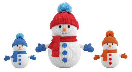 Isolated Festive Trio of Knitted Snowmen Characters for Christmas Decoration and Winter Holiday