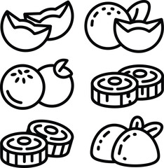 Asian Festival Foods – Black & White Bold Line Vector Set (Fortune Cookies, Oranges, Mooncakes, Sesame Balls