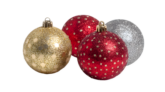 Classic Christmas ornament set including red, gold, and silver balls isolated on white background