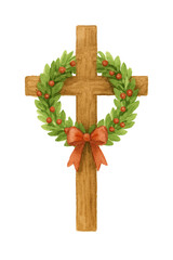 Wooden Cross with Christmas Wreath &ndash; Watercolor Illustration
