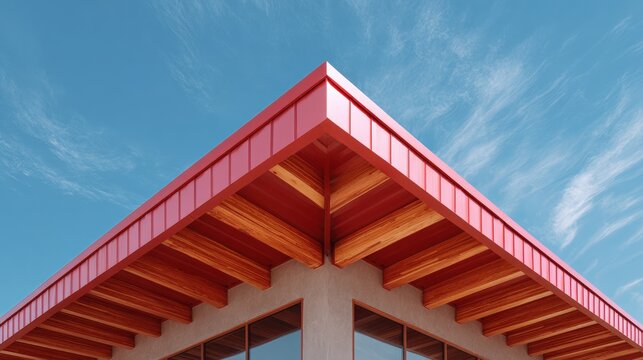 Close-up of the roof of a building. the roof is made up of a triangular shape with a red metal frame and wooden slats. the slats are arranged in a diagonal pattern, creating a zigzag pattern.