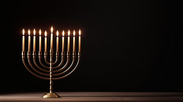 Golden candle holder with eleven burning candles standing on a wooden table against dark background. - Powered by Adobe