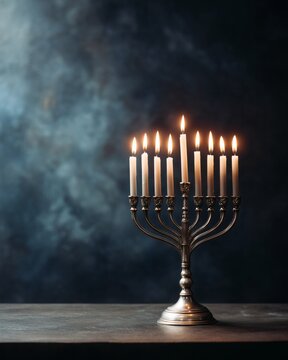 Traditional nine-branch Hanukkah menorah with all candles lit on wooden surface against dark background.