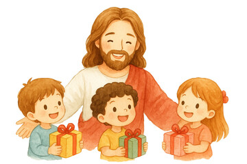 Jesus Welcoming Children with Gifts &ndash; Watercolor Illustration
