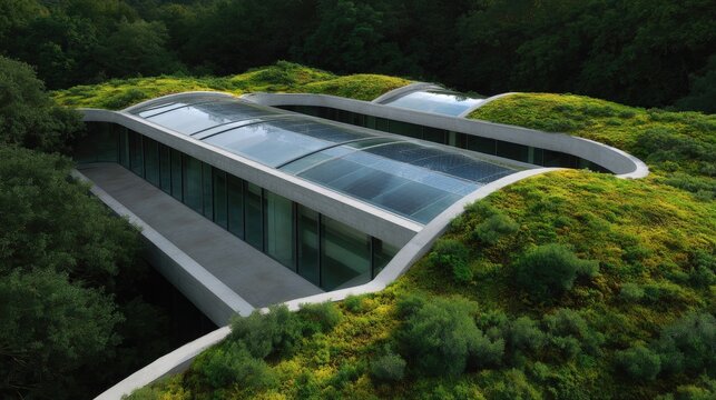Modern building with a curved roof made of glass panels. the building is located on a hillside covered in greenery, with trees and bushes on either side.