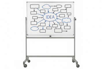 Whiteboard displaying a comprehensive idea mind map flowchart for business planning, strategy, and brainstorming on transparent background