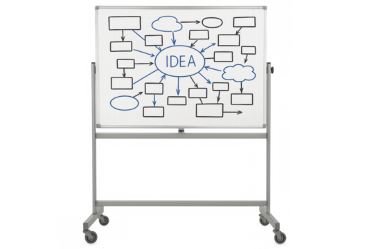 Whiteboard displaying a comprehensive idea mind map flowchart for business planning, strategy, and brainstorming on transparent background