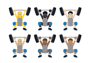 Fototapeta premium A person lifting a barbell loaded with weights above their head gym non-binary emoji symbol sign icon vector illustration isolated flat strong