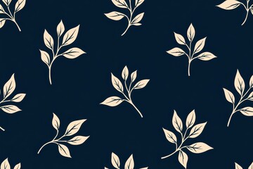 Seamless pattern with stylized beige leaves on a dark blue background.