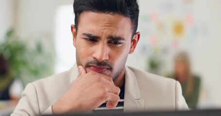Businessman, thinking and confused with laptop in office for problem solving, doubt and unsure with research. Professional, employee and contemplating on project, report and challenge with decision - Powered by Adobe