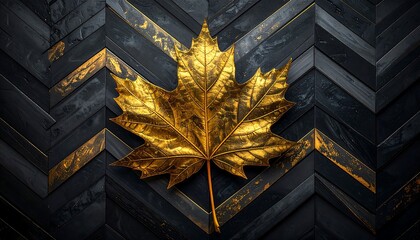 Golden maple leaf on dark herringbone wood background, autumn concept.