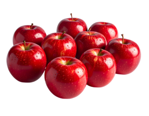Group of shiny, red fruits with stems, some with water droplets, on black