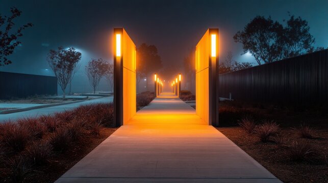 Long, narrow pathway with two tall, rectangular pillars on either side. the pillars are lit up with orange lights, creating a warm glow that illuminates the pathway.