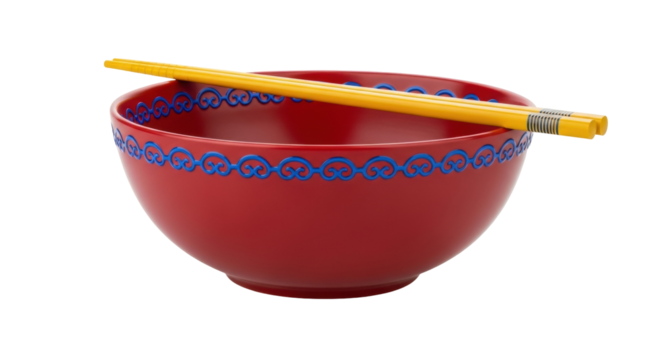 Isolated bowl of Asian cuisine, red ceramic container with blue pattern and yellow chopsticks