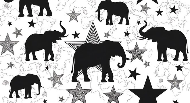 Seamless Pattern of Silhouettes of Elephants and Stars on a Textured Background.