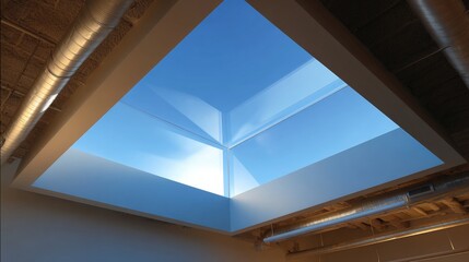 Obraz premium Skylight in a room with a high ceiling. the ceiling is made up of two triangular panels, one in the center and one on either side.