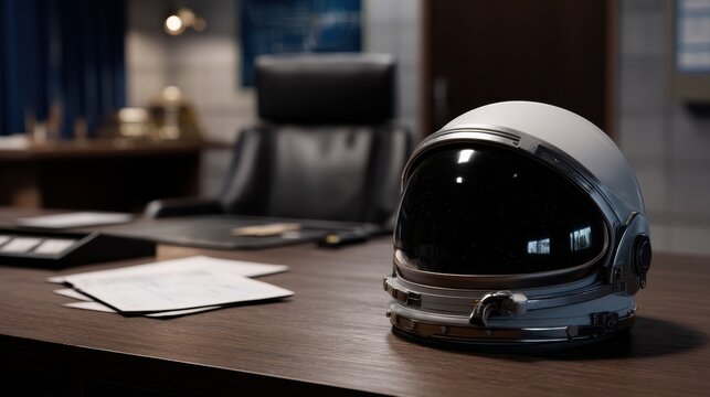 Astronaut Helmet on Desk in Office Shadow with Papers and Minimalist Decor