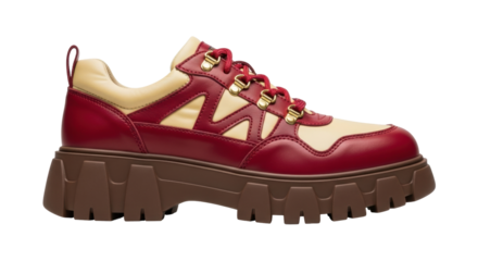 Isolated platform shoe with red laces and beige inserts, trendy lug sole and leather upper