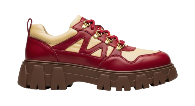 Isolated platform shoe with red laces and beige inserts, trendy lug sole and leather upper