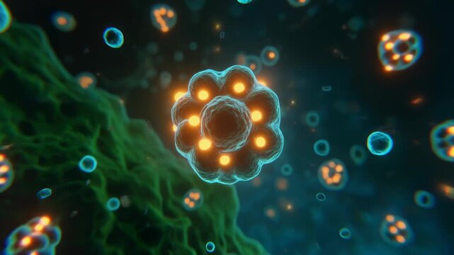 Ultra-realistic microscopic cinematic footage of a small cluster of round cocci bacteria, glowing with an inner fire, in a deep-sea environment