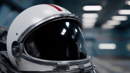 Fototapeta premium Detailed Close-up of Astronaut Helmet with Open Visor Revealing Interior Design Features