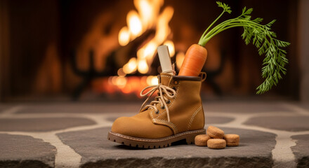 Obraz premium Childrens shoe and pepernoten for Sinterklaas and carrot for horse treat stands in front of hot fireplace. Celebration concept for children party in Saint Nicolas day five december.