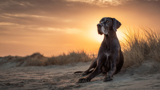 Great Dane dog resting on beach at sunset
