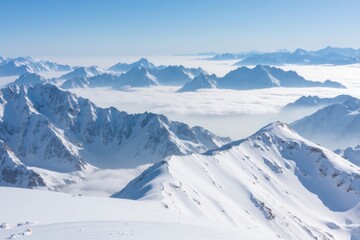 Majestic snow-capped peaks above a sea of clouds under blue sky
