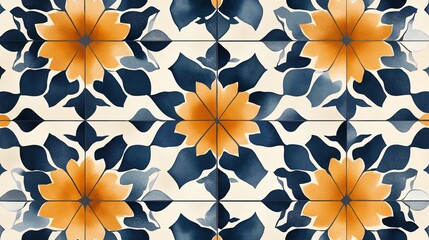 A vibrant seamless pattern featuring stylized floral motifs with an artistic, hand-painted aesthetic. The design showcases striking contrast in navy and gold, making it visually appealing.