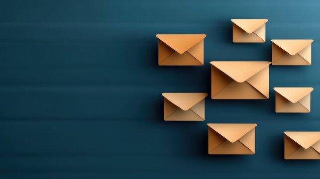 An arrangement of various sized envelopes on a dark blue background, ideal for visual content related to communication, mailing, marketing, or invitations, Perfect for blogs or promotional materials,