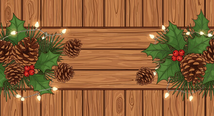 Christmas Pine Wreath Illustration – Wooden Holiday Decoration, Winter Celebration, Green Seasonal Ornament, New Year Festive Design, Traditional Xmas Decor, Holiday Greeting and Winter Art Concept