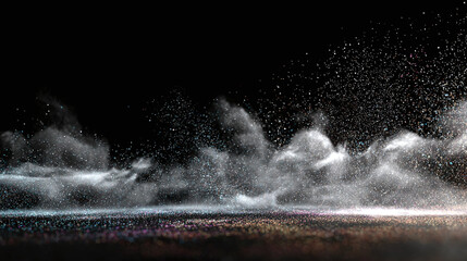 An artistic cloud of tiny dust particles in the air, creating a unique atmospheric effect. The particles appear to be illuminated, making the scene a sight to behold