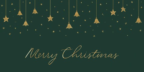 Elegant Christmas card with golden stars and bells on a dark green textured background. Luxurious minimalist design perfect for festive greetings and holiday invitations.