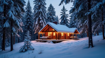 Cozy log cabin glowing in snowy pine forest at twilight winter