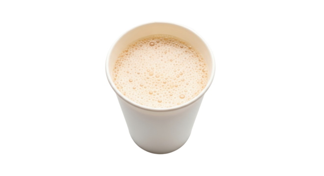 Isolated cup of frothy milk beverage, latte drink in paper container, ready to take away