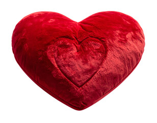 Plush, fluffy, red heart pillow with an imprinted heart design, against black