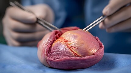 Close up of a detailed human heart model being manipulated with surgical instruments on a blue cloth