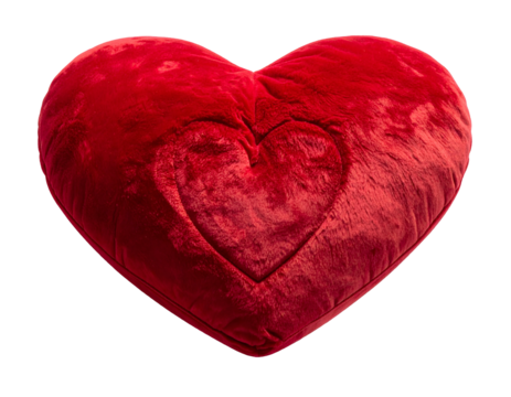Plush, fluffy, red heart pillow with an imprinted heart design, against black
