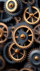 A close-up of interlocking metallic gears in gold and dark tones, ideal for illustrating concepts related to machinery, engineering, or teamwork in business settings