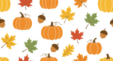 Seamless pattern with pumpkins and autumn leaves