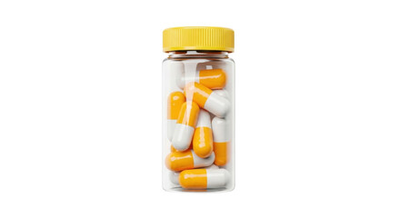 Isolated plastic bottle filled with orange and white prescription medicine capsules or pills