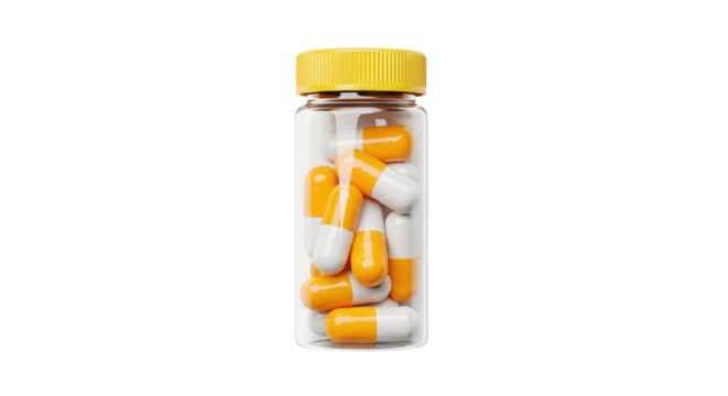 Isolated plastic bottle filled with orange and white prescription medicine capsules or pills
